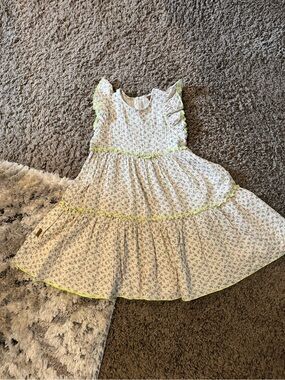 Beautiful HEBE Floral Ruffle Sleeve Summer Dress - White with Pink and Green